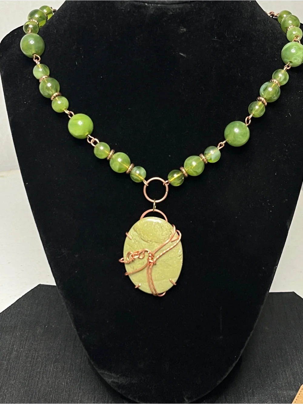 Copper Wire wrapped Serpentine cabochon Pendant Necklace Drop Earrings 18”